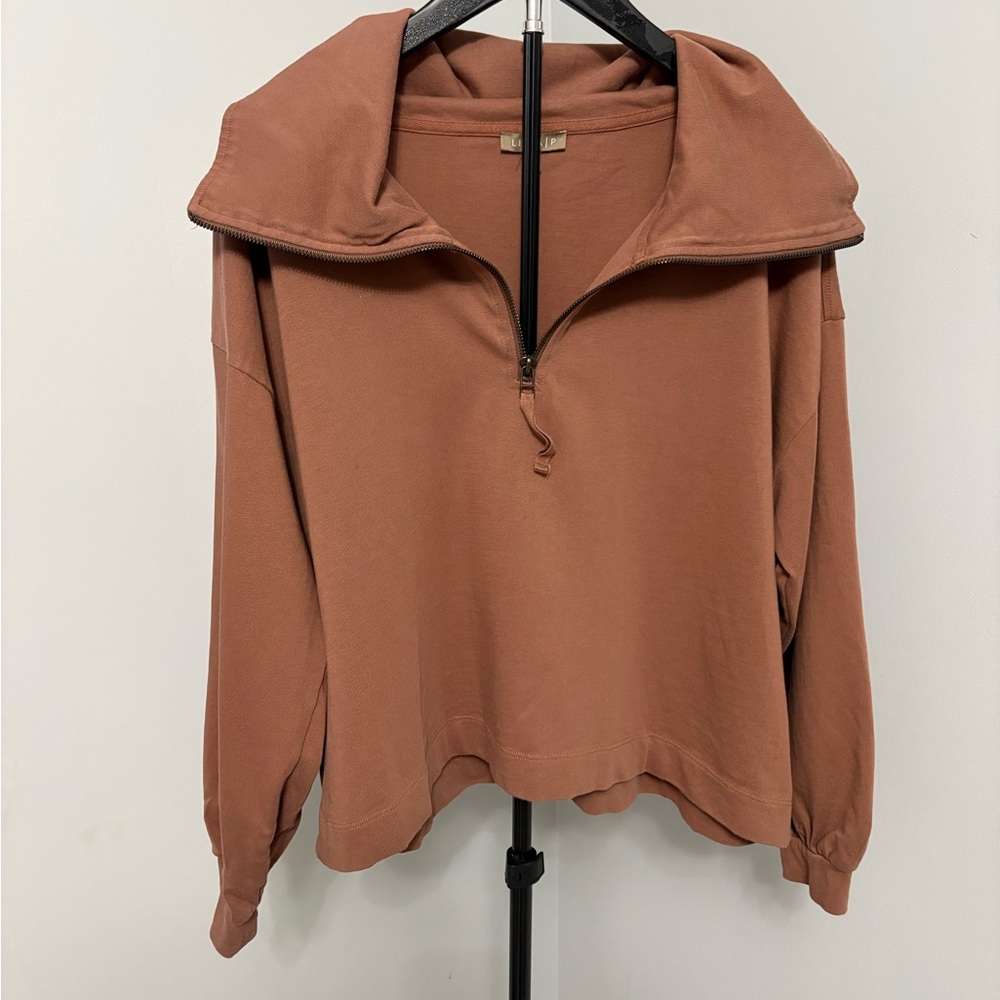 Lilla P Seasoft Half Zip Pullover Sweatshirt in Rust Clay | Relaxed Fit L - Picture 2 of 8